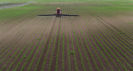 Tractor spray fertilize field with insecticide herbicide chemicals in agriculture field