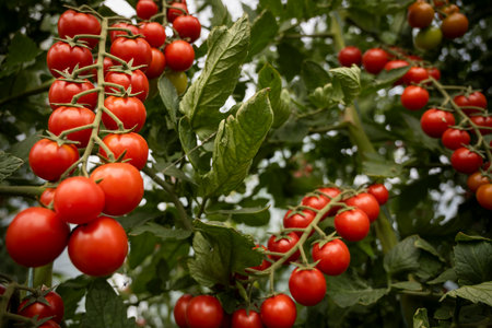 Beautiful red ripe cherry tomatoes grown in a greenhouseの写真素材