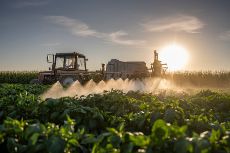 Tractor spraying pesticides on vegetable field with sprayer at summerの写真素材