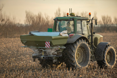 Tractor spreading artificial fertilizers. Transport, agricultural.