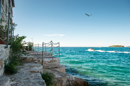 The coast of the Adriatic Sea in the city of Rovinj. Istrian Peninsula, Croatia.