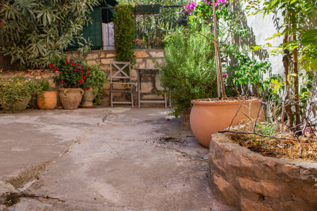 A courtyard with flowers and plants in the Mediterranean town of Rovinj. Istrian Peninsula, Croatia.の写真素材