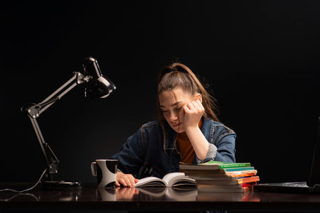 Female student, with books at her desk.  The girl is sitting at the table and studyの写真素材
