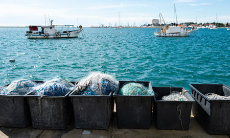 Shot of fishing nets by the sea. Umag, Istrian Peninsula, Croatiaの写真素材