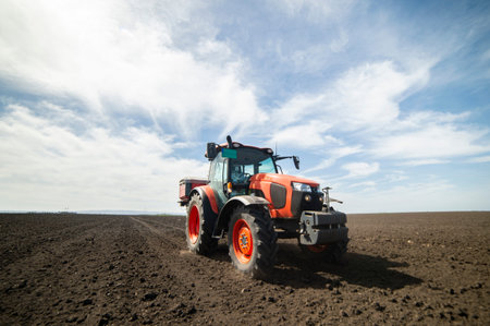Tractor spreading artificial fertilizers. Transport, agricultural.
