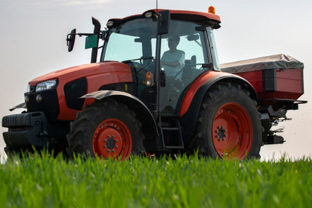 Tractor spreading artificial fertilizers in wheat field. Transport, agricultural.の写真素材