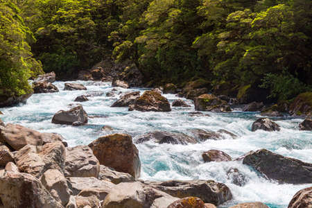 A fast river near Pop's View lookout. Fiordland. South island, New Zealandの写真素材