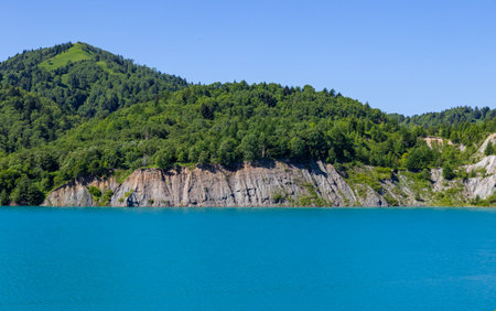 Beautiful landscape of a lake in the mountains on a sunny summer day. Blue Lakes. Sakhalin, Russiaの写真素材