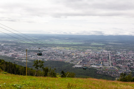 Cableway in Yuzhno-Sakhalinsk. Ski Trail - Height. Sakhalin, Russiaの写真素材