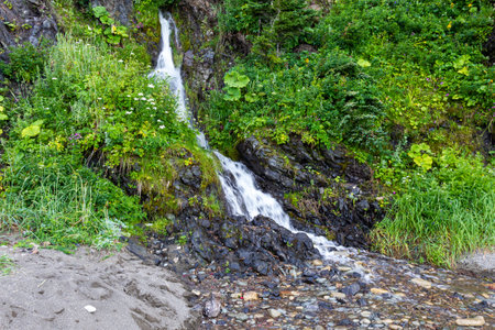 Okhotsk Sea Coast. Cape Bird. Small Waterfall. Sakhalin, Russiaの写真素材