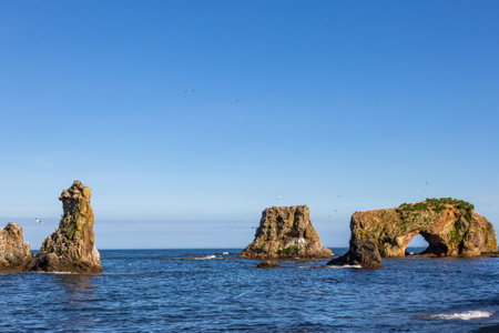 Bird's Cape. Bizarre rocks. Okhotsk Sea coast. Sakhalin, Russiaの写真素材