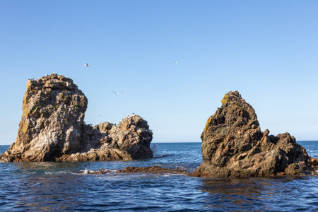 Bird's Cape. Bizarre rocks. Okhotsk Sea coast. Sakhalin, Russiaの写真素材