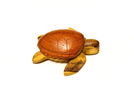 Wooden figurine of turtle on white backgroundの写真素材
