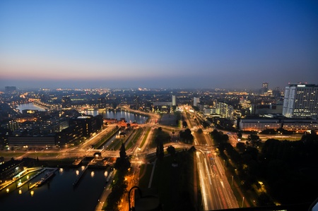 Rotterdam night aerial viewの写真素材