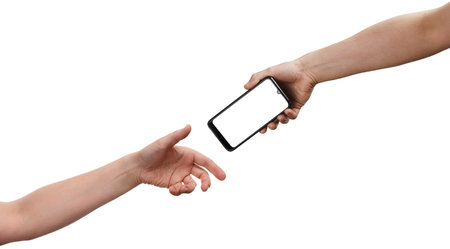 One hand holds out a smartphone, the other hand takes it. Isolated on a white background close-up....