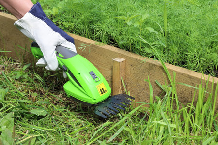 Close-up of hand in leather gardening glove holds an electric hand-held grass trimmer and trims a...