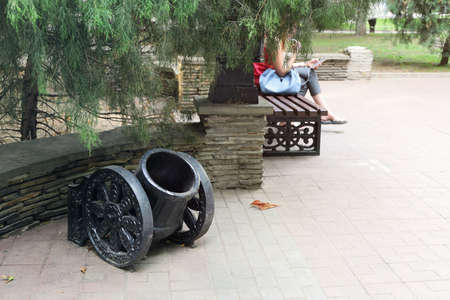 Decorative trash can in the park with copy space. Clean city and recreation areasの写真素材