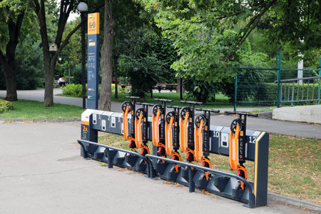 Rostov-on-Don, Russia - August 21, 2020: Self-service parking for scooter rental via the app in the...