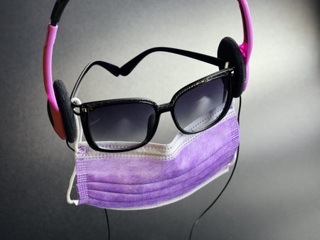 Sunglasses and Headphones for Music, Facial Protective Mask, As Concept of Security and Health, On...