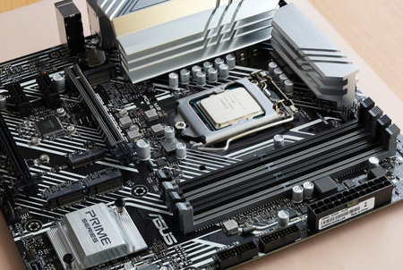 St. Petersburg, Russia - July 17, 2021: Latest Intel i7 11700k processor chip in socket on Asus...