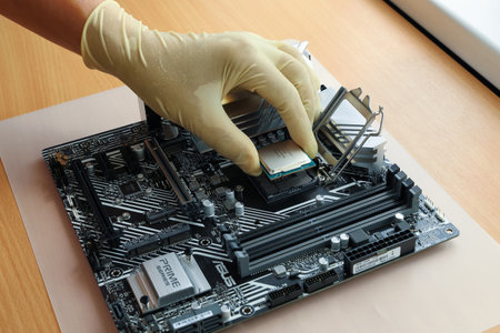 St. Petersburg, Russia - July 17, 2021: Gloved hand installs latest Intel processor i7 11700k into modern motherboard Asus. Assembling new computer from componentsのeditorial素材