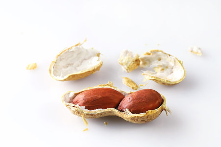 Pair of peanut nuts are in half shell with fragments, isolated on white background close-up