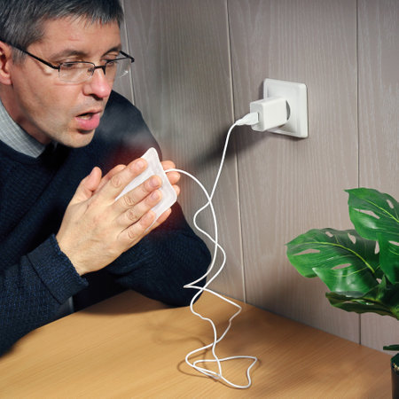 European man warms hands from portable electrical USB heater, connected to the wall outlet, indoors coldの写真素材