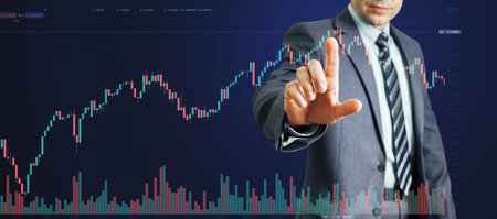Bullish bearish market, double exposure, businessman presses finger on top of stock market graphics,...