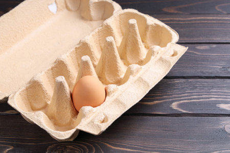Selective focus, alone chicken brown egg in cell egg box, on wooden surface with copy space