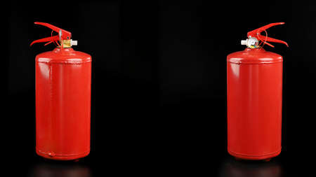 Banner, red fire extinguishers with pressure sensor, on black background, fire safety in accidents and disastersの写真素材