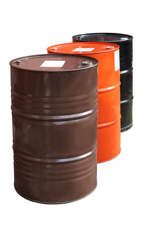 Three industrial iron barrels in row, side view, isolated on white background