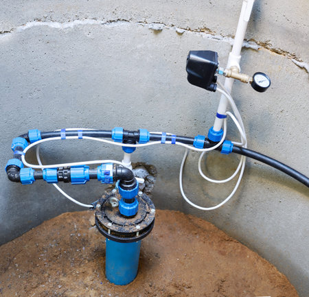 Concrete draw-well with pumping station for supplying water to house, pipes and connections,...