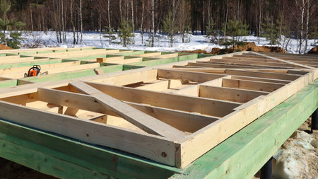 Texture surface, real construction of wooden frame house, details of element, on sunny day