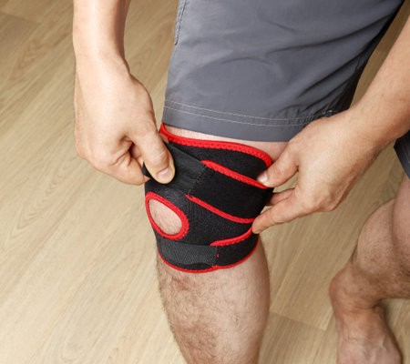 Elastic bandage to fixate knee to prevent injuries and promote recovery of joint, close-up hands are...