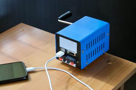 Portable electricity generator, rotate with your hand, USB cable is connected to smartphone for...