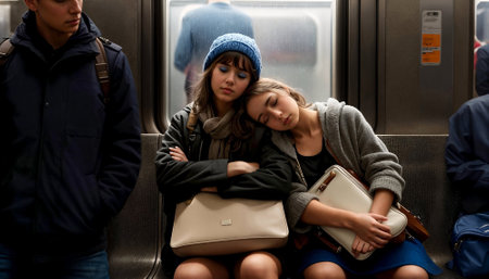 Two schoolgirls sleeping in a subway car surrounded by other peopleの素材