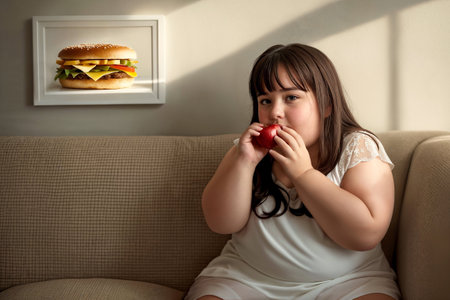 Overweight girl sits on couch holding red apple to her mouth, picture of hamburger on the wallの素材