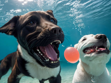 Two funny dogs diving underwater for a ballの素材