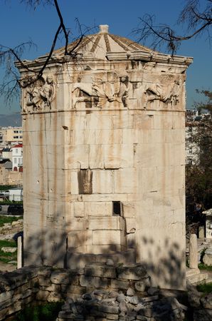 It was built by Andonicus Kyrrhos in the 1st century ad. There was a rounded stone on top, used to serve as the base for a revolving Triton. whose pointed in the direction of the wind. の写真素材