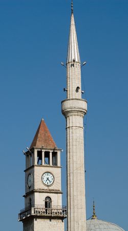 belltower and a minaret, Tirana, Albaniaの写真素材