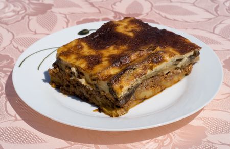 Lamb moussaka with egg plant, cheese and creamの写真素材