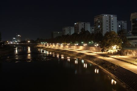 Vardar river and Skopje at nightの写真素材