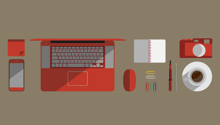 Flat design vector illustration of coffee, notebook, laptop, post-it notes, mouse, pen, pencils, paper clipsのイラスト素材