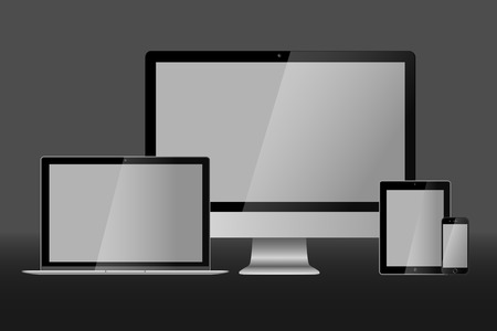 Realistic vector illustration of laptop, desktop computer, tablet and smart phone on grey backgroundのイラスト素材