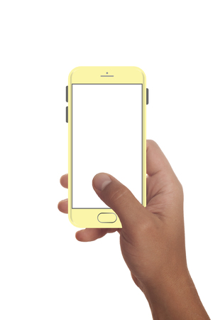 Male hand holding modern smartphone. Editable. Ready for your design. Various colours.の写真素材