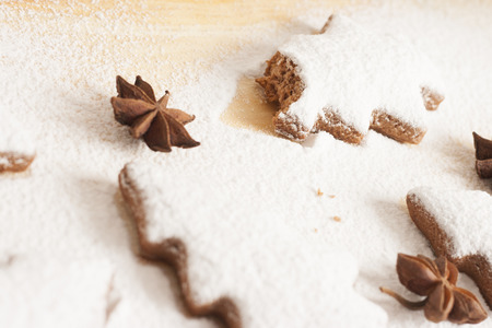 christmas gingerbread cookies baking process , dough and rolling pin,shallow depth of field.の写真素材