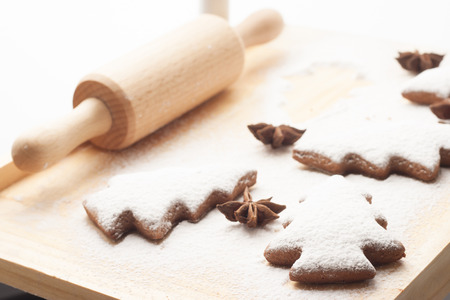 christmas gingerbread cookies baking process , dough and rolling pin,shallow depth of field.の写真素材