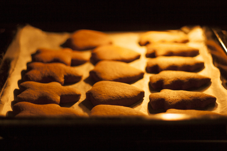 christmas gingerbread cookies baking process , dough and rolling pin,shallow depth of field.の写真素材