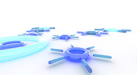 3D Rendered blue circular reflective rounded objects on a white backgroundの写真素材