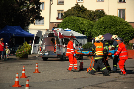 VRATIMOV-SEPTEMBER 7: rescue and emergency services open day. Units at car crash training on September 7, 2013 in VRATIMOV, Czech republic.のeditorial素材
